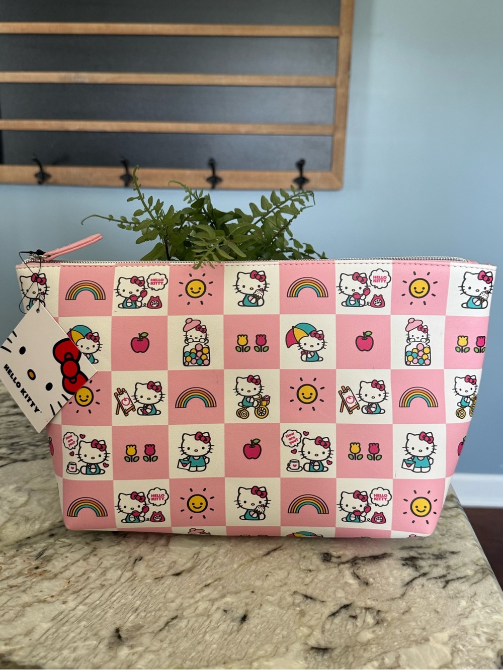 Hello Kitty Pink Checkered Cosmetic Makeup Bag Zip Pouch NWT